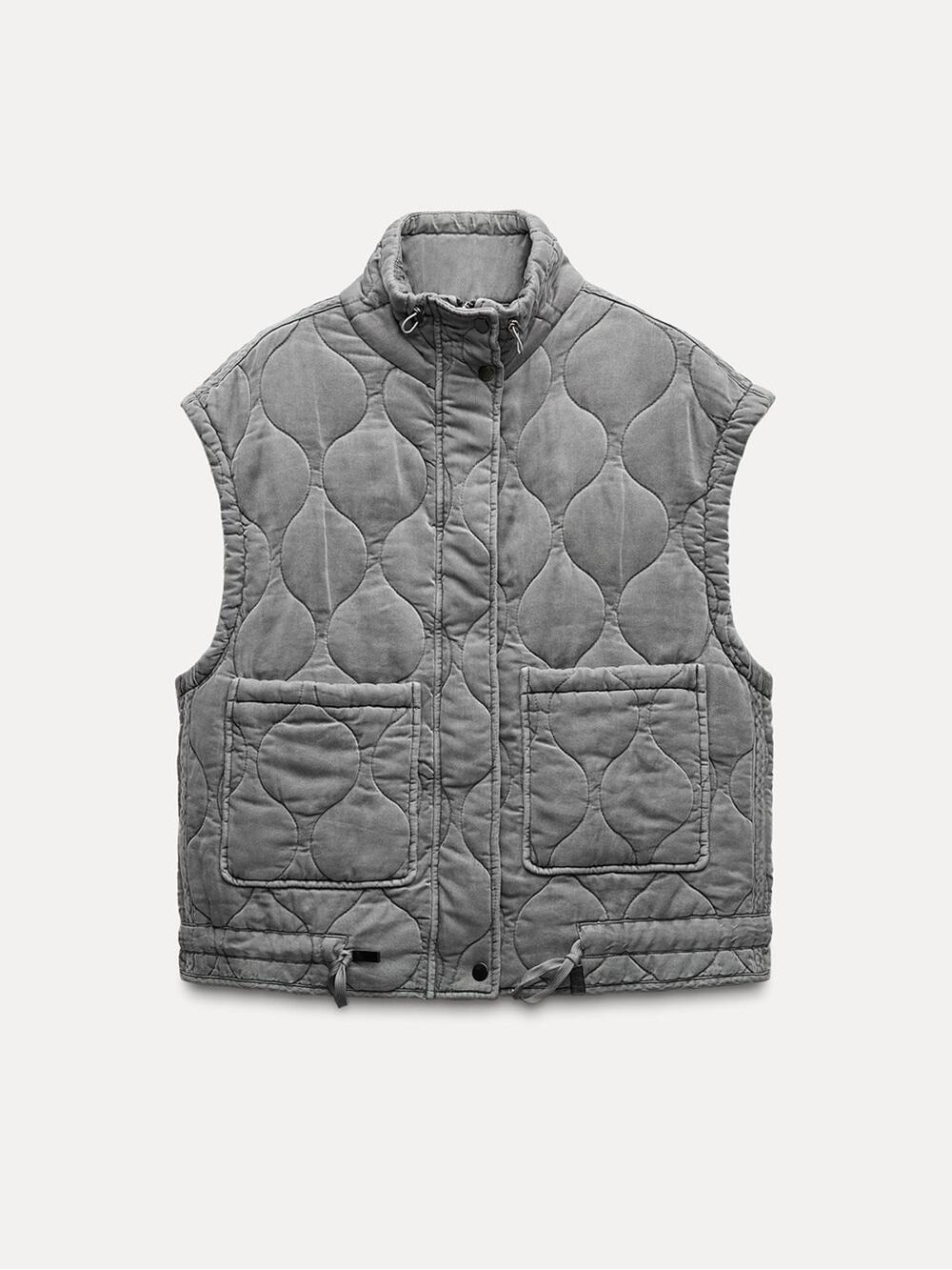 Zara Quilted Gray Cropped Boxy Funnel Neck Vest Jacket Size Small